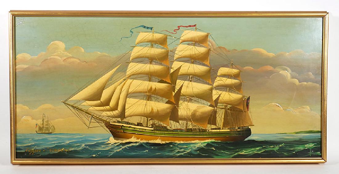Signed Vintage Oil on Board Clipper Ship Torrens: Measures 19" x 39-1/2" overall. Minor flaking upper left. Signed illegibly with trident and name lower left.