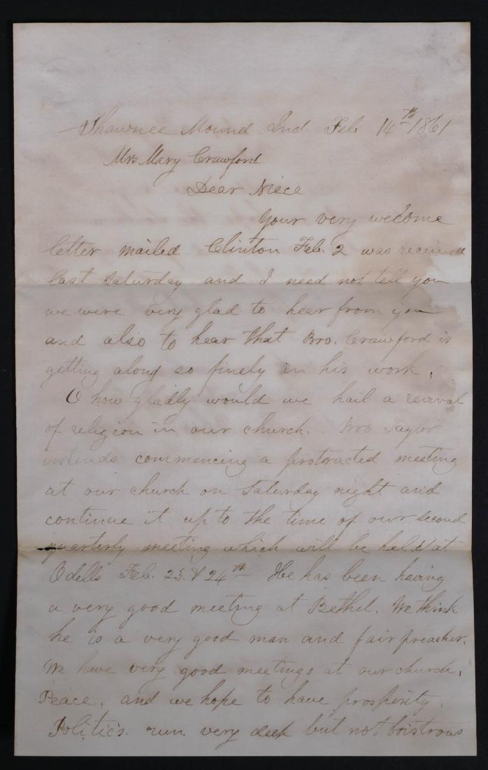 Civil War Letter DePauw University Good Content: Handwritten letter dated February 14, 1861, from Jesse Meharry to his niece, with a return address of Shawnee Mound, Indiana -- an extinct town in Tippecanoe County. Some of the content is quite passi