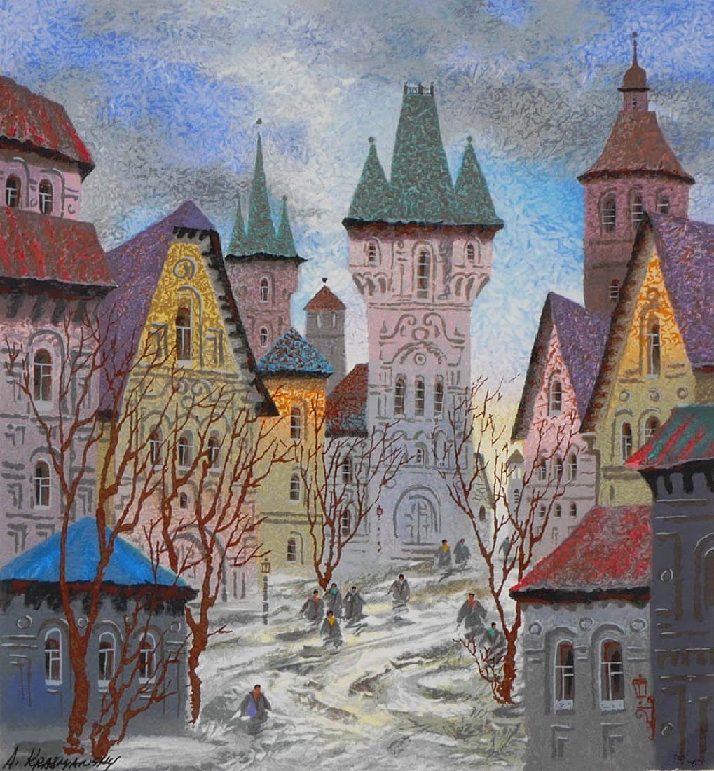 Anatole Krasnyansky "Gdansk Winter Day" Signed: Seriolithograph of old town street scene, entitled "Gdansk Winter Day" by artist Anatole Krasnyansky (Ukrainian, b. 1930). Signed in pen, lower left, numbered 76/350. Good condition. Frame measures 29