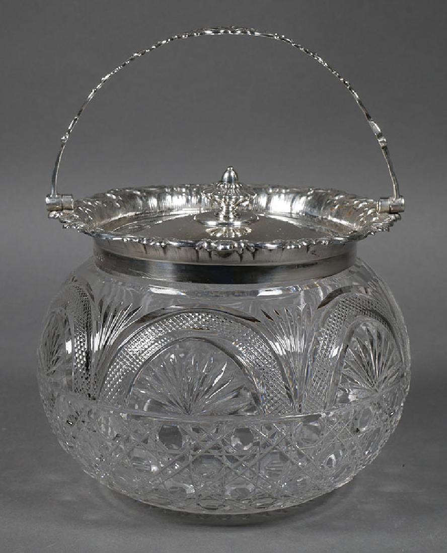 Jas Dixon Sterling Cut Glass Sheffield Biscuit Jar: Antique biscuit or tobacco jar with sterling silver rim, lid and handle, marked with maker's mark of James DIxon & Sons of Sheffield, date mark of 1898. Very old handle repair visible only on undersid
