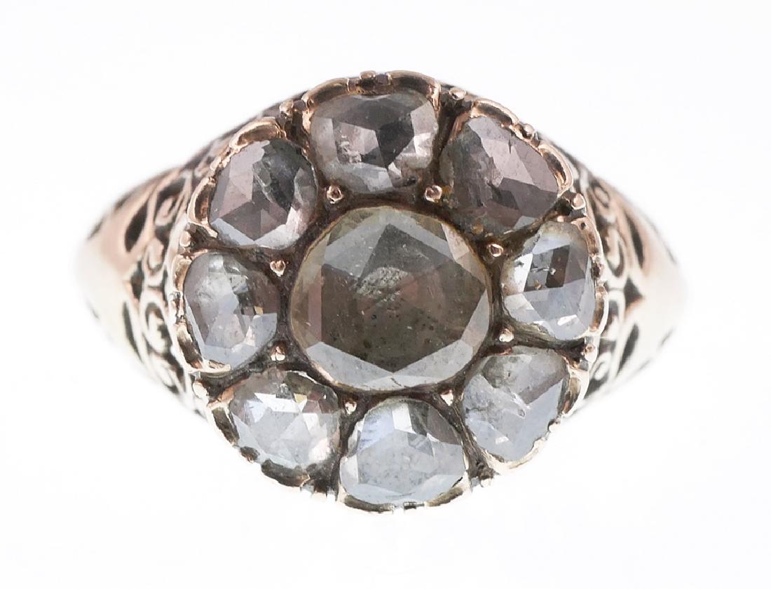 Antique Rose Cut Diamonds 14k Gold Ring: Antique 14k yellow gold ring with rose cut diamonds totaling .62 carats. Ring size 7-1/2. Total weight 3.0 grams. Appraisal included, value $1,500.