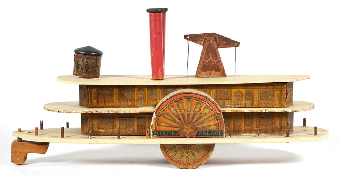 Antique Toy Boat Reed Floating Palace Sidewheeler: W. S. Reed paper lithograph over wood Floating Palace paddlewheel riverboat side-wheeler. Retains original paper label on underside. Good condition, retains nice color, missing some parts. Measures 24