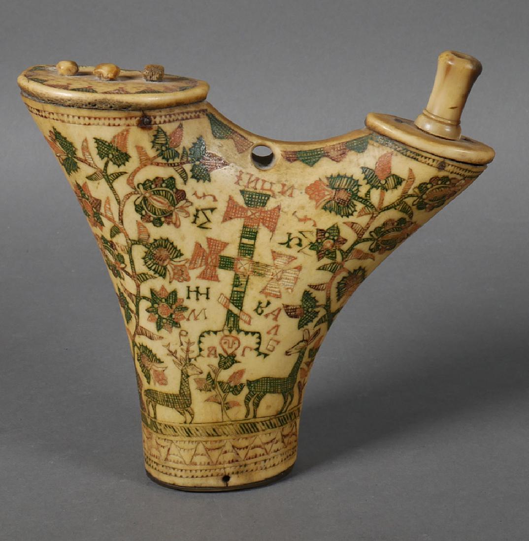 Old 18C Ukrainian Cossack Stag Horn Powder Flask: Very old, authentic Ukrainian Zaporozhian Cossack bifurcated gunpowder horn or flask. Circa 17th to 18th century. Polychrome etched designs, highly ornate. Includes what appears to be some random Cyri