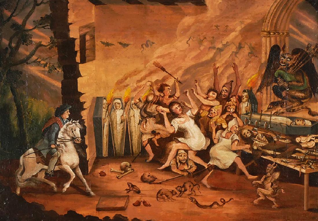 William Kidd (British, 1790-1863) Oil on Canvas: Oil on canvas of macabre scene entitled "Illustration for Robert Burns' Poem 'Tam O'Shanter'" by artist William Kidd (British, 1790-1863). Good condition. Painting measures 14" high x 20" wide. Frame 