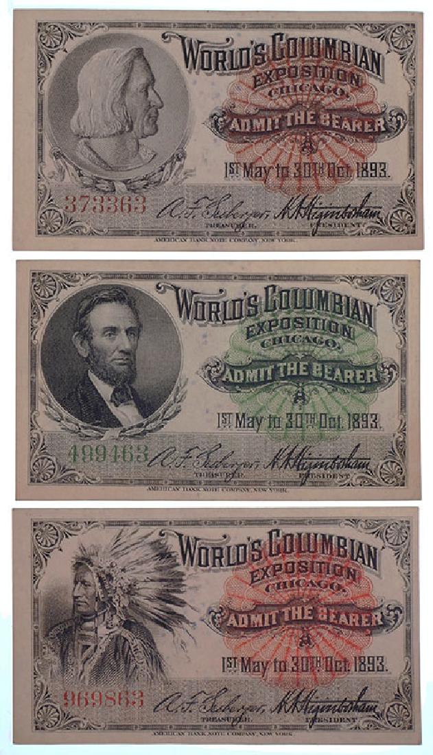 3 Original 1893 Columbian Expo Admission Tickets: Three different 1893 tickets for admission to the World's Columbian Exposition in Chicago, picturing Columbus, Lincoln and an American Indian chief. All three were printed by the American Bank Note Co