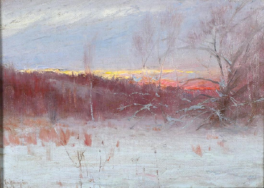Hal Robinson (American, 1875-1933) Oil on Canvas: Oil on canvas of sunset over a winter landscape by artist Hal Robinson (American, 1875-1933). Signed lower left. Good condition, unlined, small repair patch less than 1". Painting measures 10-1/4" hig