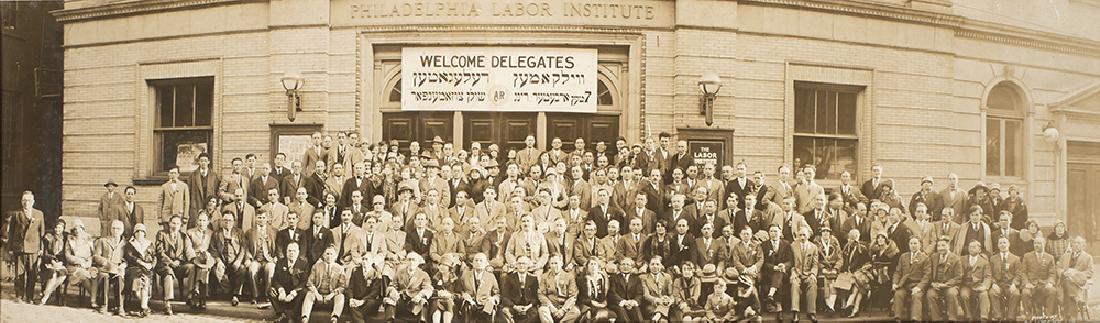 1927 Panoramic Photograph of Jewish Labor Union: Panoramic photograph of the Jewish Labor Union gathered in front of the Philadelphia Labor Institute dated April 23, 1927. Photographed by Daniel Slutsky. Good condition, laid down. Photo measures 7-5