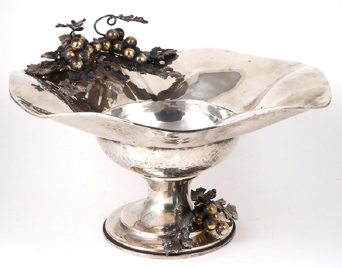 Antique Ornate Large Coin Silver Compote 40 ozt: Old footed hammered 900 silver comport or footed centerpiece bowl, with applied grapes and leaves along top edge and along base. Hallmarked with maker's mark and 900 on bottom. Likely Turkish in origi