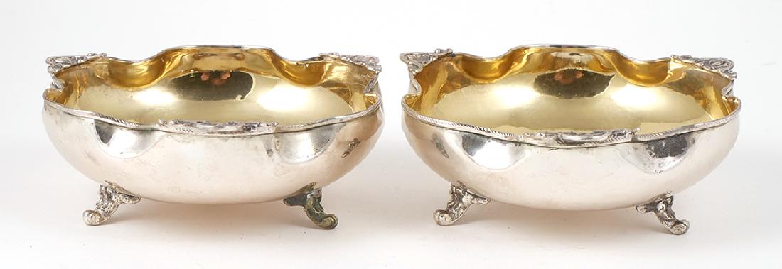 Pair Footed 800 Silver Gold Wash Bowls Antique: Pair of footed coin silver bowls, likely Turkish in origin, each measuring about 5" in diameter. Hallmarked with 800 inside bowls. Total silver weight 5 Troy ounces.