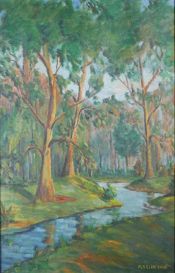 May Spear Clinedinst (1887-1960) Oil on Canvas: Oil on canvas painting of cypress forest stream scene by St. Petersburg, Florida artist May Spear Clinedinst (American, 1887-1960). Signed lower right, "M. S. Clinedinst". Good condition. Painting mea