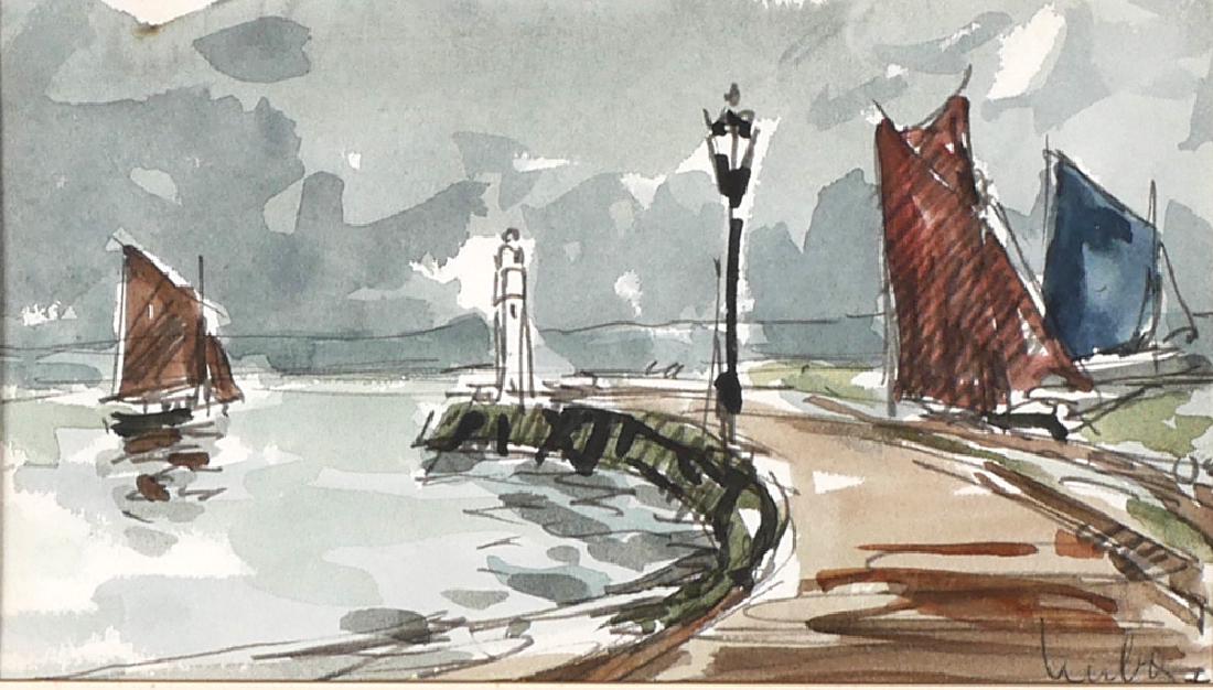 Fernand Herbo (French, 1905-1995) Watercolor: Watercolor of sailboats in a harbor entitled "Honfleur la Greve" by artist Fernand Herbo (French, 1905-1995). Signed lower right, also signed and titled on reverse with anchor mark. Good condition, ni