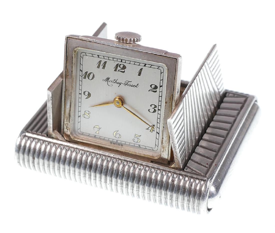 Rare Mathey Tissot Ermeto Folding Watch Sterling: Scarce, vintage circa 1940s pocket or purse watch -- aka an ermeto -- in sterling silver, by Mathey Tissot. Comes with original case. 17j manual wind movement, runs when wound. Measures about 1-7/8" w