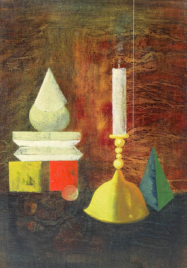 Bohus Zaboj Kulhavy (b. 1937) Oil on Board: Contemporary oil painting on board of a still life with geometric forms and candle by artist Bohus Zaboj Kulhavy (Czech/Hungarian, b. 1937). From a collection of Kulhavy art pieces, several of which a