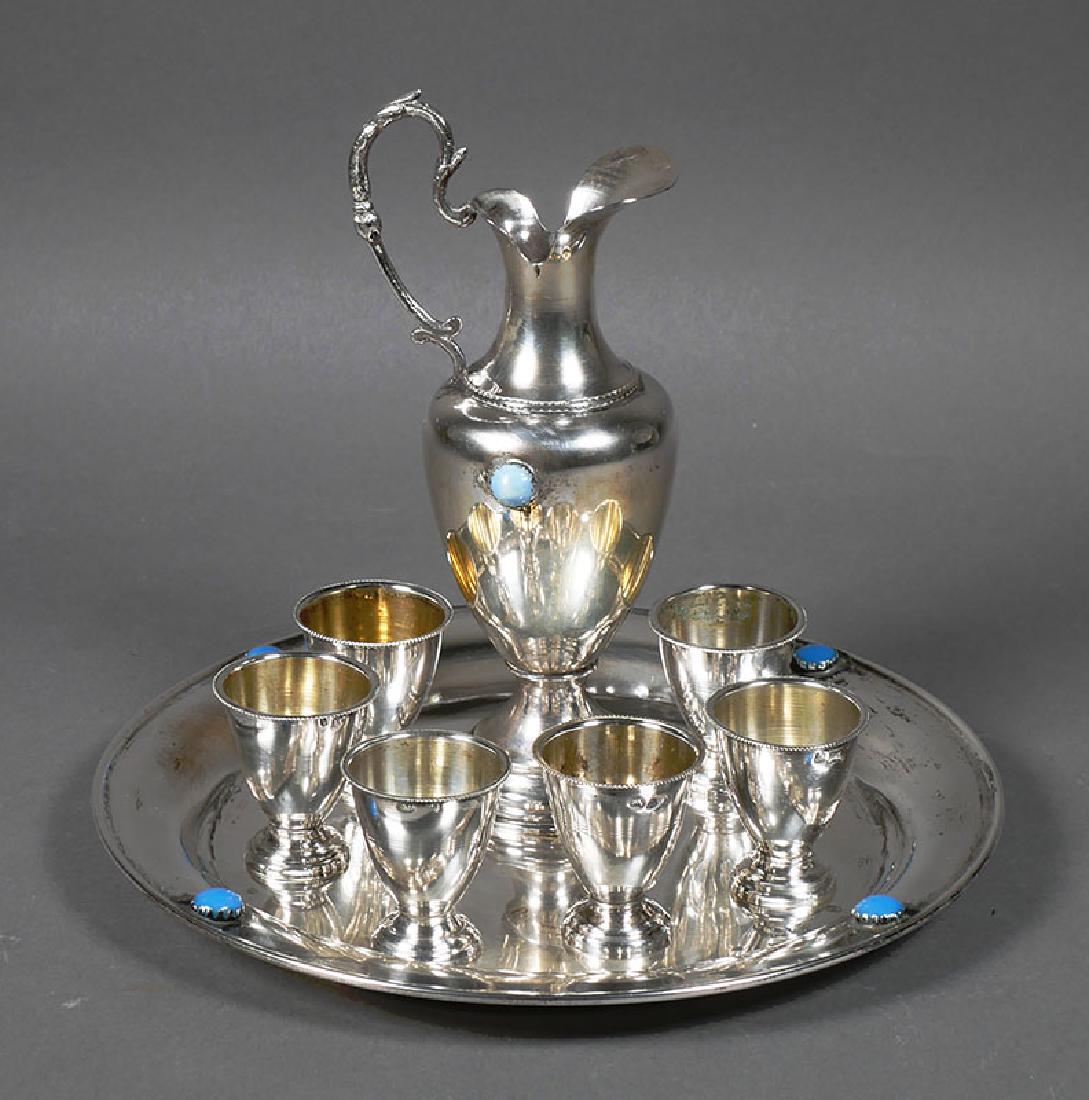 Antique 900 Coin Silver Turkish Cordial Drink Set: From estate collection of Turkish silver pieces, a cordial set in 900 silver, including a round tray, ewer and six footed cups. Ewer measures about 7" high. Set weighs 11 Troy ounces.