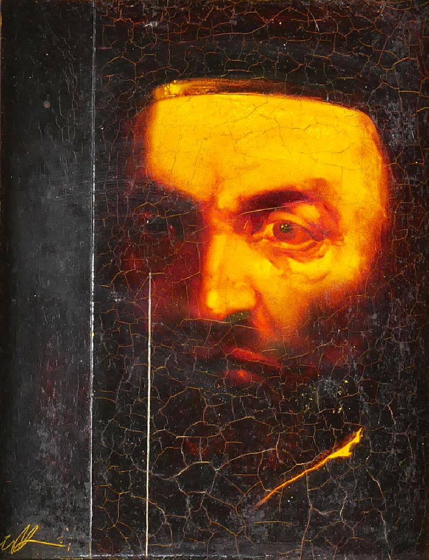 Bohus Zaboj Kulhavy (b. 1937) Oil on Board: Oil painting on board, chiaroscuro self portrait by artist Bohus Zaboj Kulhavy (Czech/Hungarian, b. 1937). From a collection of Kulhavy art pieces, several of which are in this auction. Signed lower l