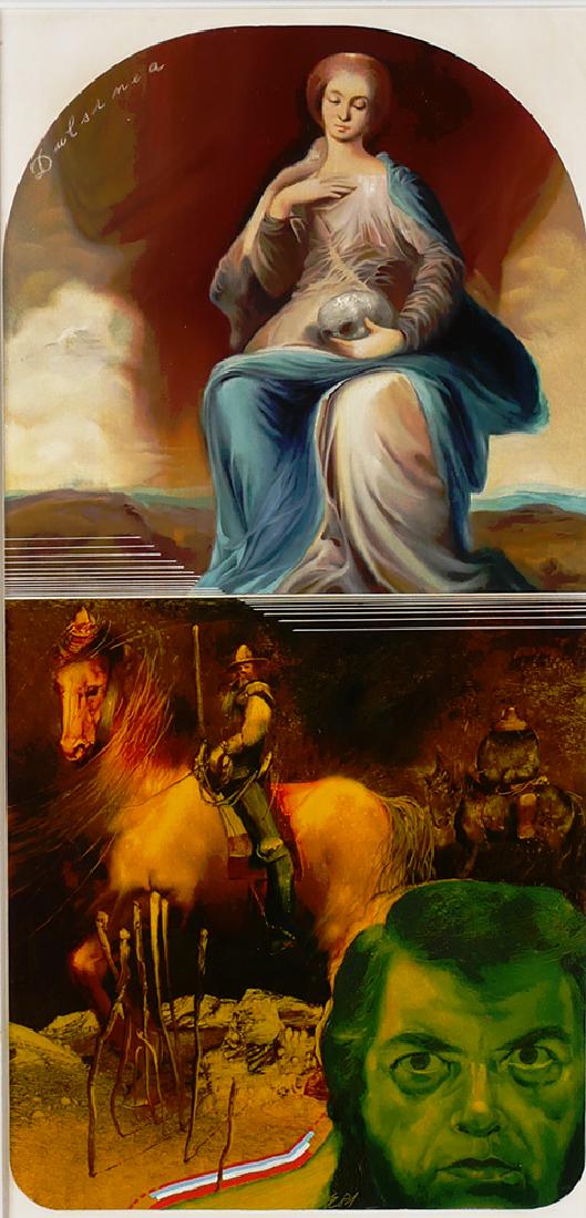 Bohus Zaboj Kulhavy (b. 1937) Oil on Altered Board: Contemporary oil painting on board in frame assemblage entitled "Autoportrait (Don Quixote)" by artist Bohus Zaboj Kulhavy (Czech/Hungarian, b. 1937). From a collection of Kulhavy art pieces, several 