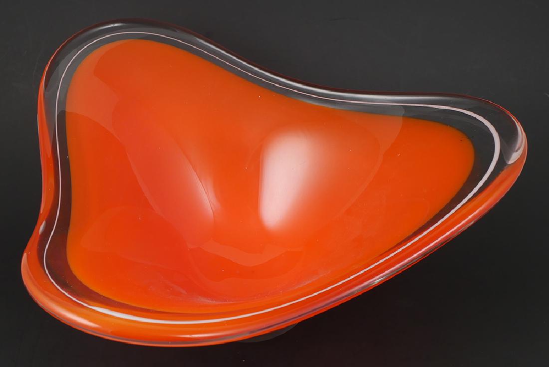Flygsfors Coquille Art Glass Centerpiece Bowl: Flygsfors art glass three-lobed center bowl of red, white and clear cased glass. Signed "Coquille" on underside. Good condition, no chips, cracks or repair. Measures approx. 12-1/2" in diameter x 5-1/
