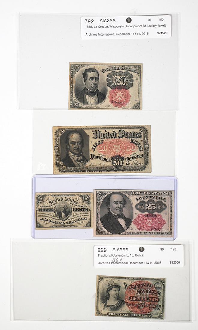 Fractional Currency Incl. 3, 10, 25 & 50 Cents (5): Five notes assorted fractional currency including 3, 10, 25 and 50 cents. See photos for condition.