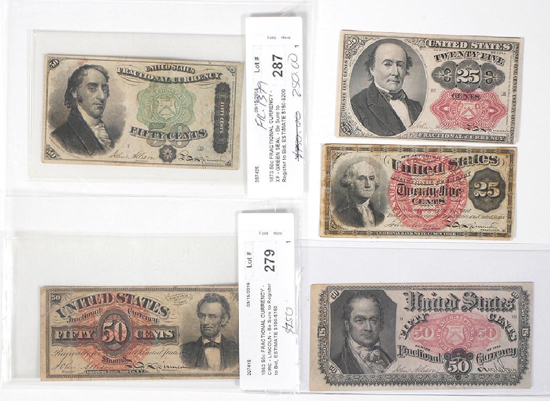 Fractional Currency Incl. Lincoln & Washington (5): Five notes assorted fractional currency including Lincoln 50 cents and Washington 25 cents. See photos for condition.