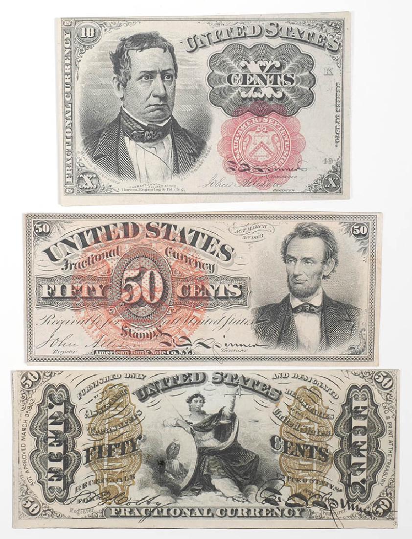 Fractional Currency Incl. Lincoln & Liberty (3): Three notes assorted fractional currency including Lincoln and Seated Liberty 50 cents. See photos for condition.