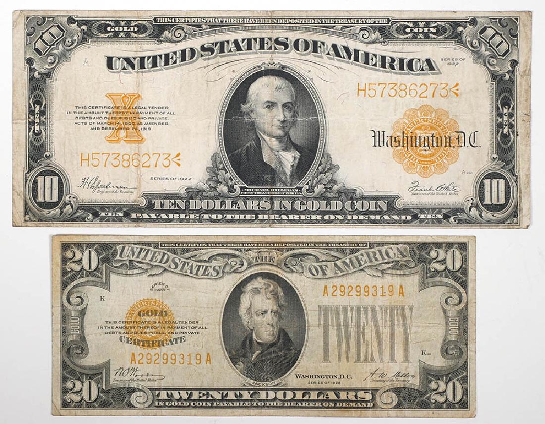 Gold Notes Large 10 & Small 20 (2): Two gold bank notes including a large 10 dollar bill and small 20 dollar bill. See photos for condition.
