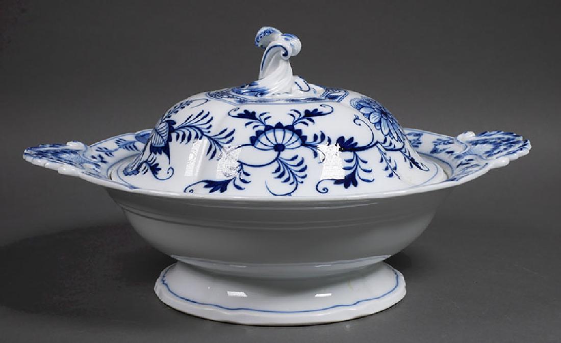 Meissen Blue Onion Covered Serving Bowl 13": From estate collection of Meissen china. Excellent condition, with no damage at all. First quality -- no scoring of crossed swords mark. Measures 13" handle to handle.