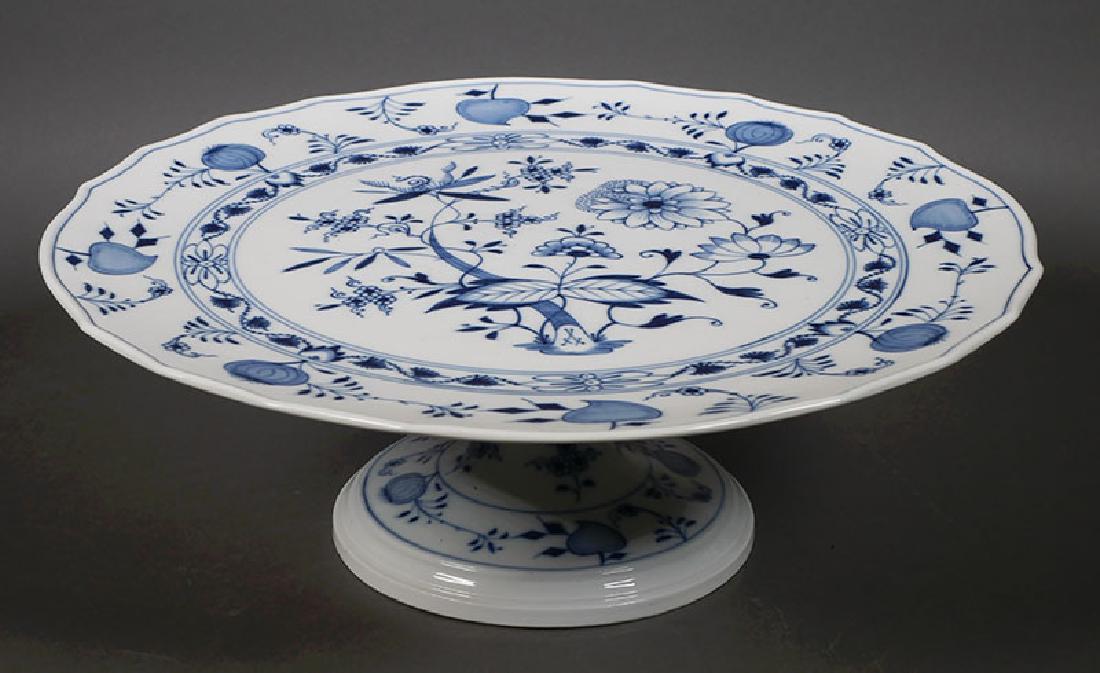 Meissen Blue Onion 13" Cake Stand Plate: From estate collection of Meissen china. Excellent condition, top plate has no damage at all. Top edge of stand (not visible unless you turn the piece over) has old reglued 1/4" chip. First quality --