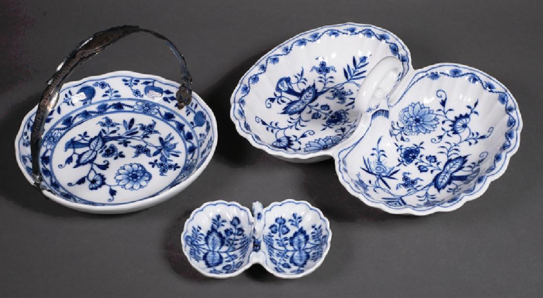 Meissen Blue Onion 3 Serving Pieces Bowls: From estate collection of Meissen china. Excellent condition, with no damage at all. First quality -- no scoring of crossed swords mark. Larger divided bowl measures 9-1/4" x 7-5/8".