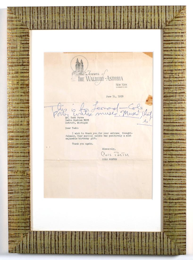 Cole Porter Signed Typed Letter 1950 to Radio DJ: Rare letter signed by composer and musician Cole Porter (American, 1891-1964). Addressed to Todd Purse, Detroit radio personality from the 1950s-60s ... who evidently gifted this letter to someone nam