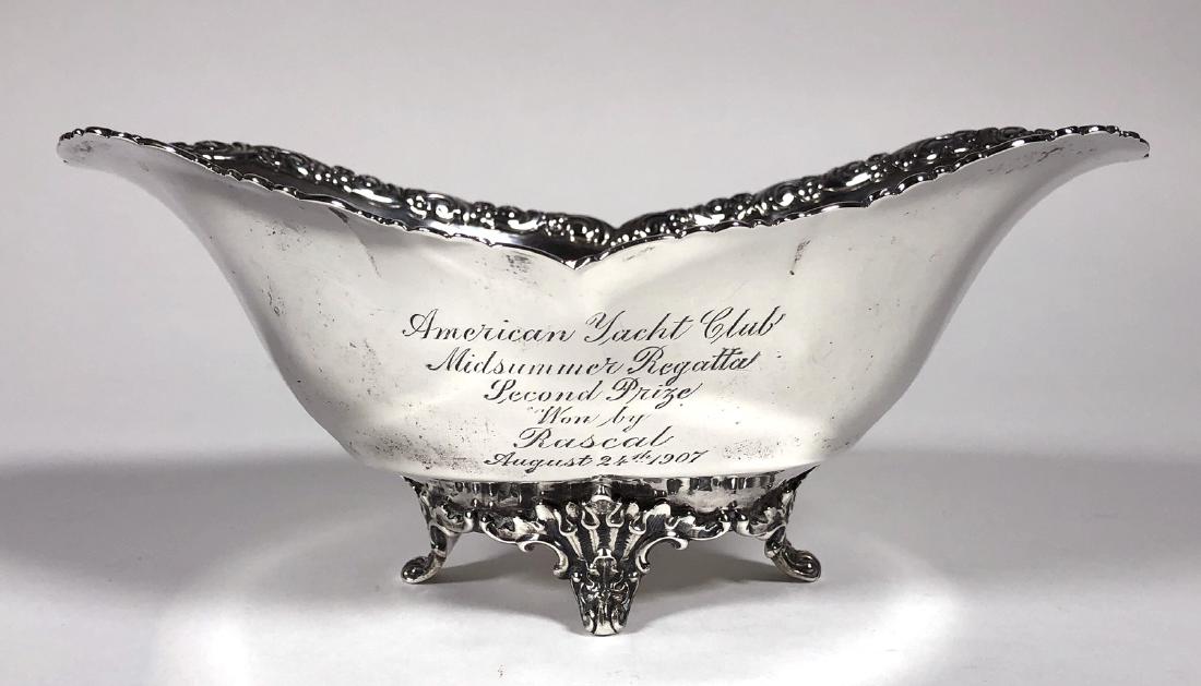 Tiffany 1907 Sterling Silver Yacht Trophy Bowl: Tiffany & Co. sterling silver trophy bowl. Engraved "American Yacht Club Midsummer Regatta Second Prize Won by Rascal August 24, 1907." American Yacht Club is located in Rye, New York. Measures 7-1/4"