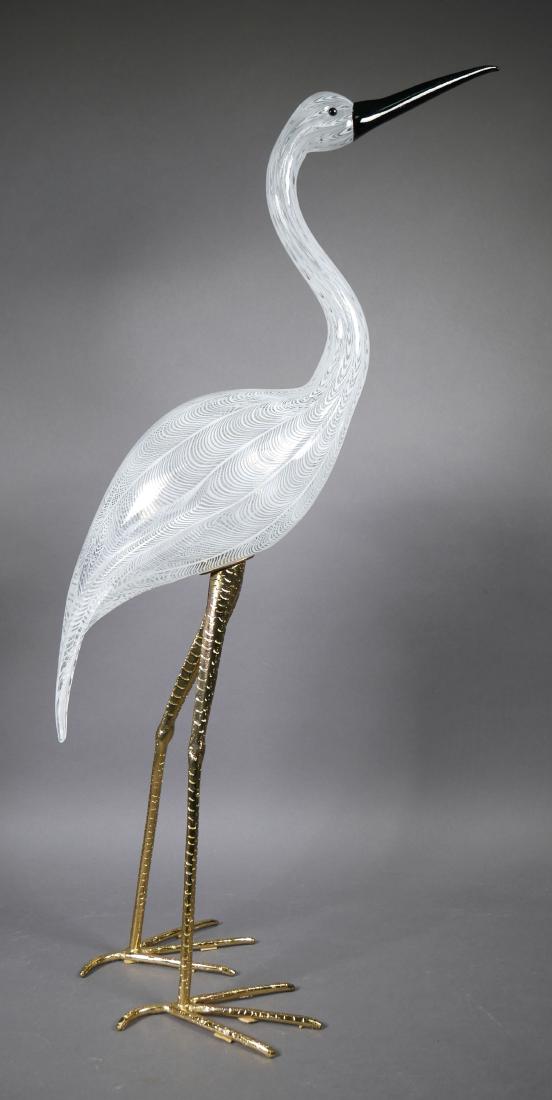 Licio Zanetti Murano Art Glass Crane: Monumental Murano glass crane figure by glass sculptor Licio Zanetti. Signed. Measures 27-1/2" high, mounted on brass legs, and is in superb condition.