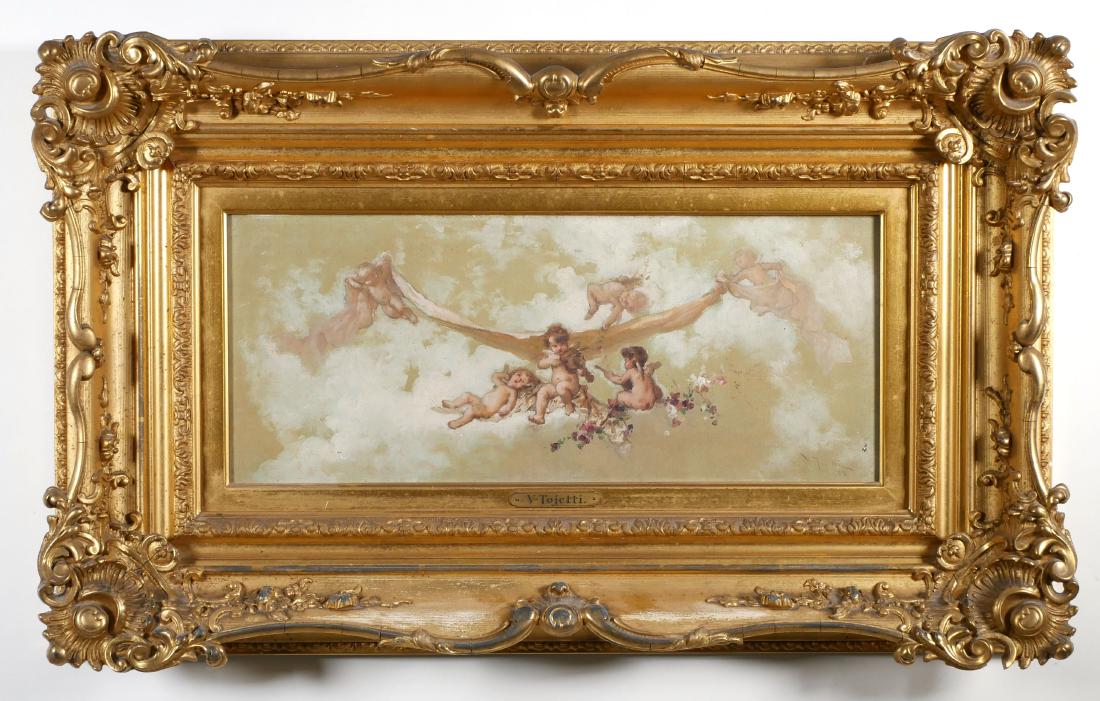 Virgilio Tojetti (Italian 1851-1901) Oil on Canvas: Romantic style 19th century oil on canvas of cherubs by artist Virgilio Tojetti (Italian 1851-1901). Signed and dated 1893 lower right. Good condition, not relined, no loss to ornate gilt frame. Paint