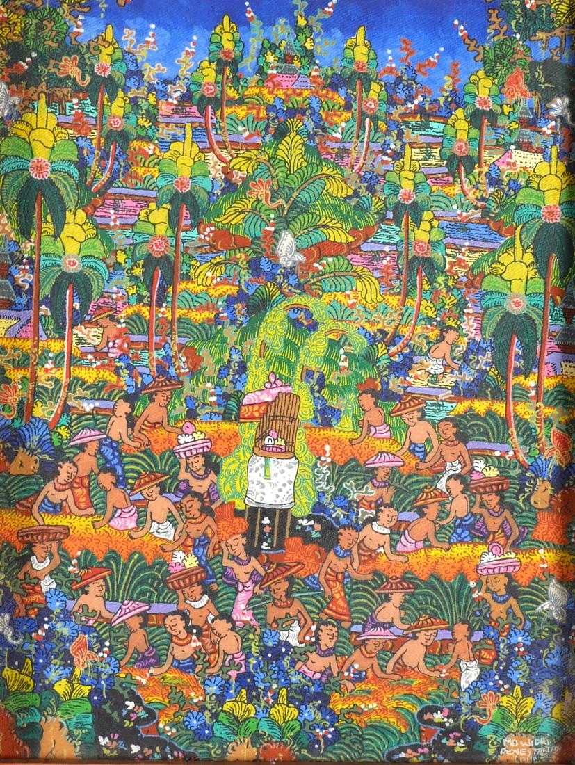 Balinese School Village Painting: Balinese painting on canvas of a village harvest scene. Signed lower right Mo Wiodi, Penestanan. Good condition, handmade ornately carved frame. Painting measures 9-3/8" high x 7-1/4" wide. Frame meas