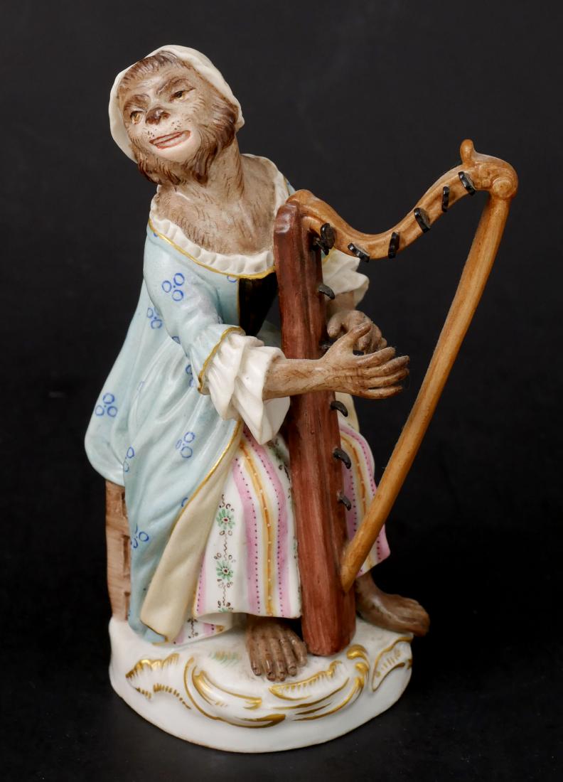 Meissen Porcelain Monkey Band Harp Player: Harpist from Meissen monkey orchestra. Measures about 5" high. No damage. Crossed swords mark.