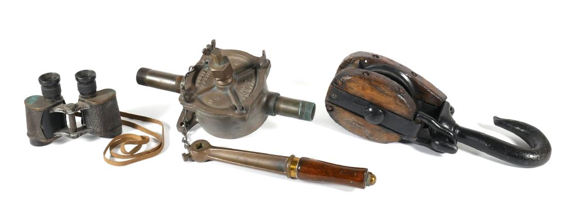 Antique Nautical Bilge Pump, Pulley & Binoculars: Old bilge pump with handle, pulley and binoculars. Part of an estate collection of several items from the same ship, all in today's auction. See lot 371-375.