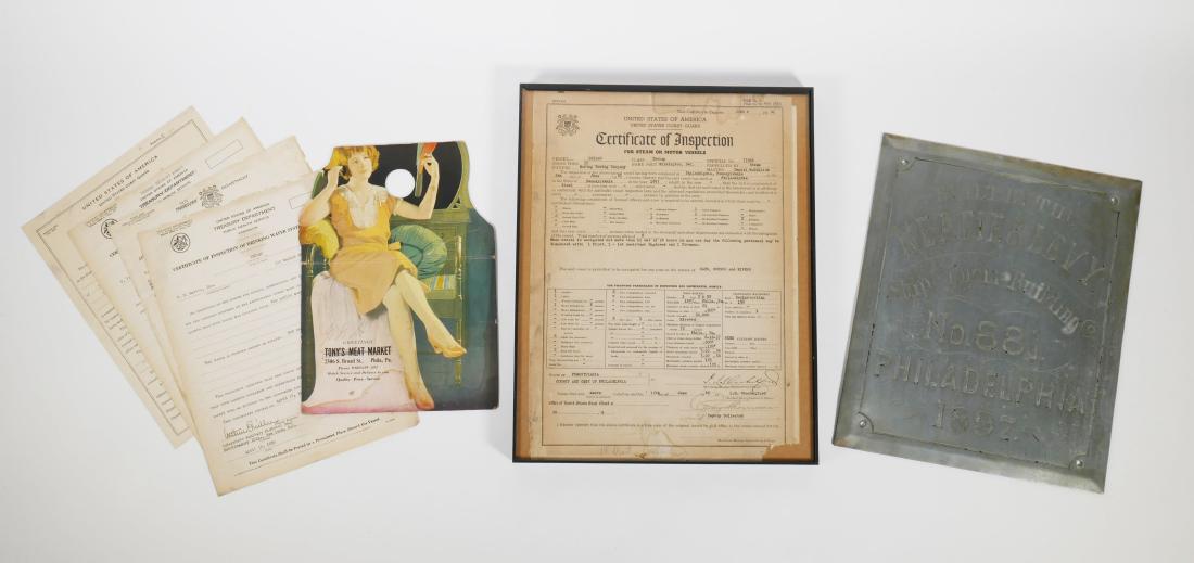 1897 Steam Ship Engraved Plaque & Paperwork: Metal sign from steamship "Indian" out of Pennsylvania, which reads "Built by the Neafie & Levy Ship & Engine Building Co., No. 881, Philadelphia 1897." Measures 12" x 10-1/4". Comes with certificates