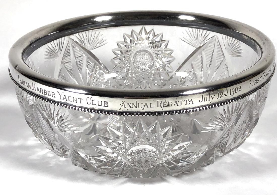 Yacht Trophy 1902 Sterling Cut Glass Bowl: Regatta trophy won by "Adelaide" at the Indian Harbor Yacht Club in 1902. Measures about 9" in diameter. Indian Harbor was one of Long Island's premier clubs for decades. This is one of several yacht 