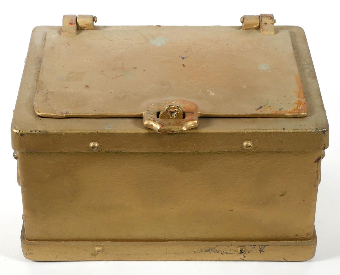 1880s Iron Strong Box Railroad or Stagecoach Safe: Fantastic antique American cast iron strongbox. Weighs close to 50 pounds and measures only 13" x 9" x 8". Gold paint is not original. Ornate handles.