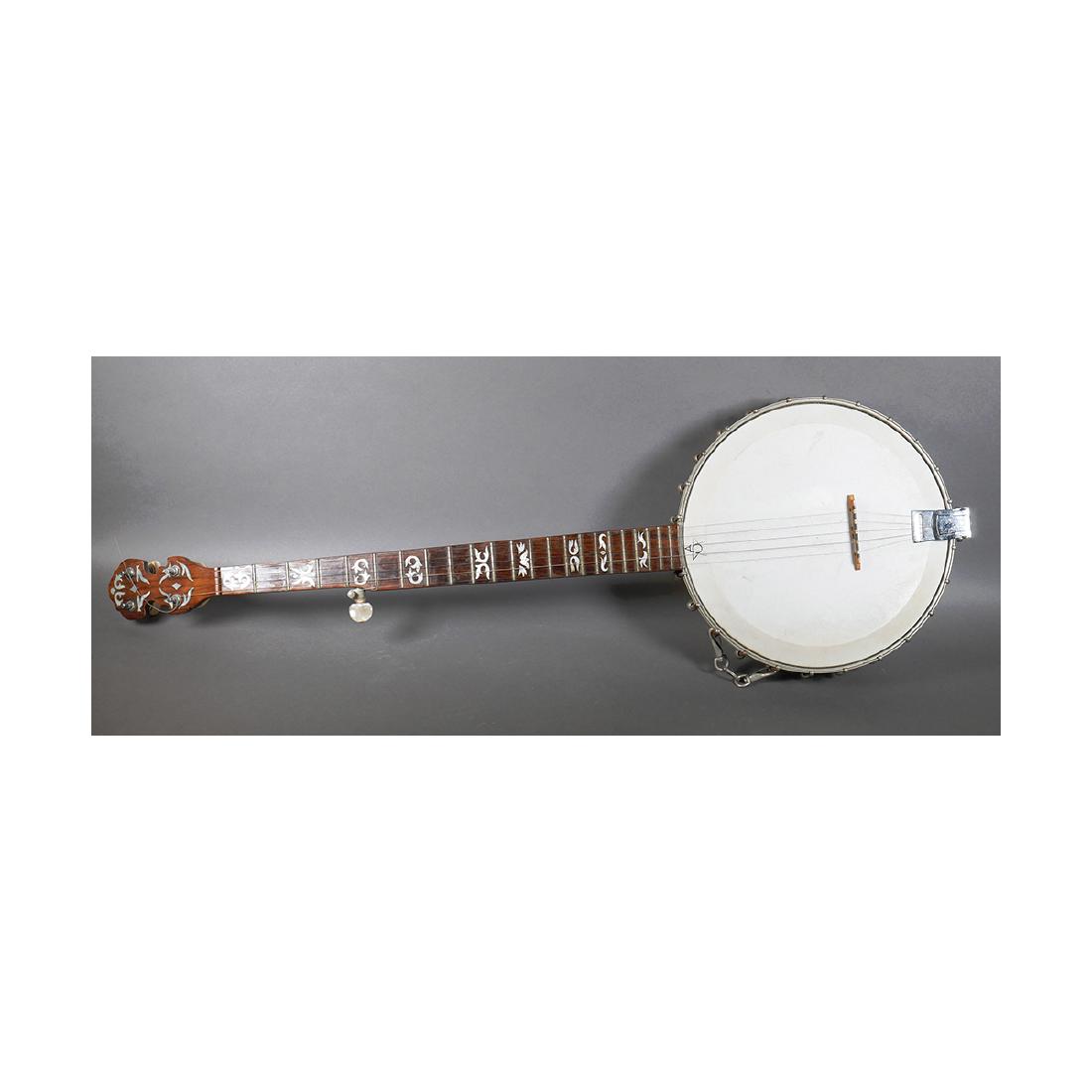 Vintage 5-String Banjo w MOP Inlay: Old five-string bluegrass banjo, unmarked, with ornate mother-of-pearl inlay on fretboard and headstock. No marks anywhere, as far as we could tell. Measures about 37" long overall. Good condition, wi