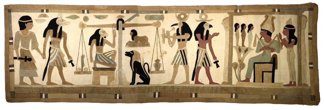 Vintage Hand Sewn Figural Khayamiya Banner: Egyptian Khayamiya, a decorative applique tent decoration, of hand sewn Pharaonic figures and symbols in the style of ancient Egypt, c. 1940s. Good condition, a few small holes. Measures approx. 18" h