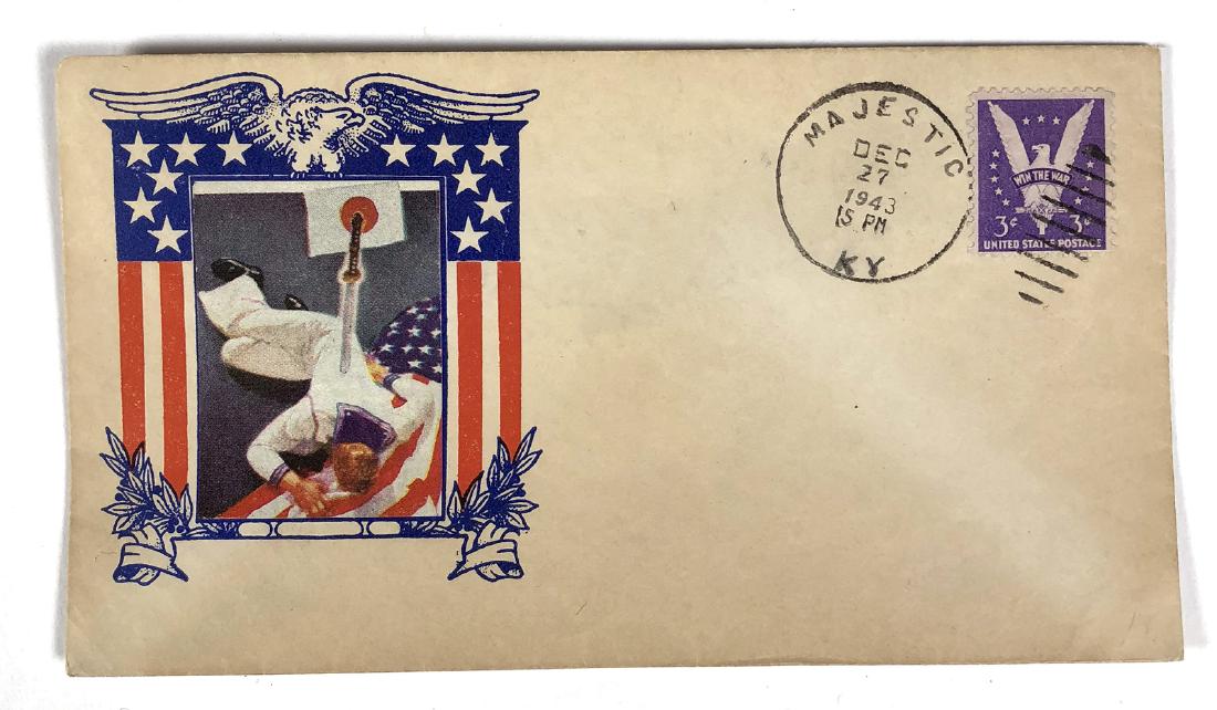 1943 WWII Patriotic Cover, Dead Sailor: Odd WW2 date U.S. patriotic-type cover with postage stamp. Cachet depicts US sailor stabbed in the back with a samurai sword, with a Japanese flag in background.