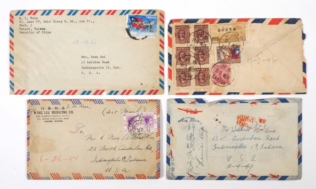 China Republic Period Hong Kong Stamp Covers: Four stamped and postmarked covers, including a 1950 Hong Kong cover, one Taiwan cover from 1961 and two Republic Period covers dated 1946 and 1947. See images for condition.