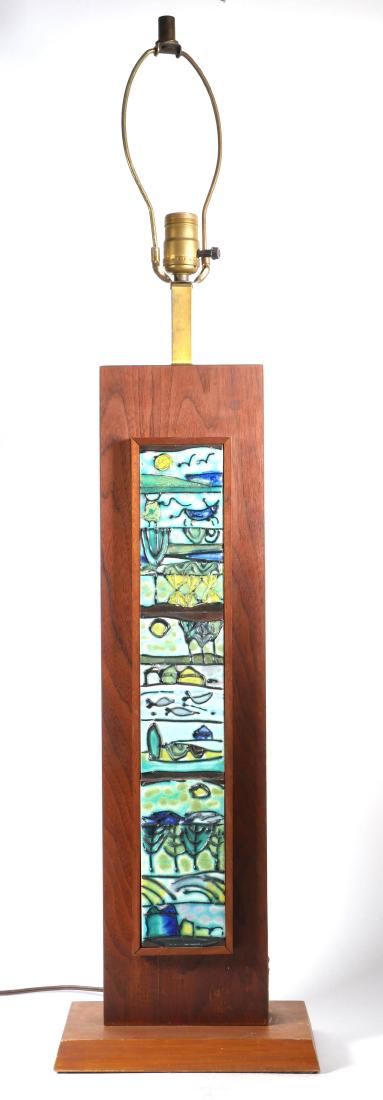 Harris Strong Mid-Century Modern Table Lamp: Harris Strong style teak and tile MCM period table lamp with landscape scene. Measures 38" tall to top of finial.