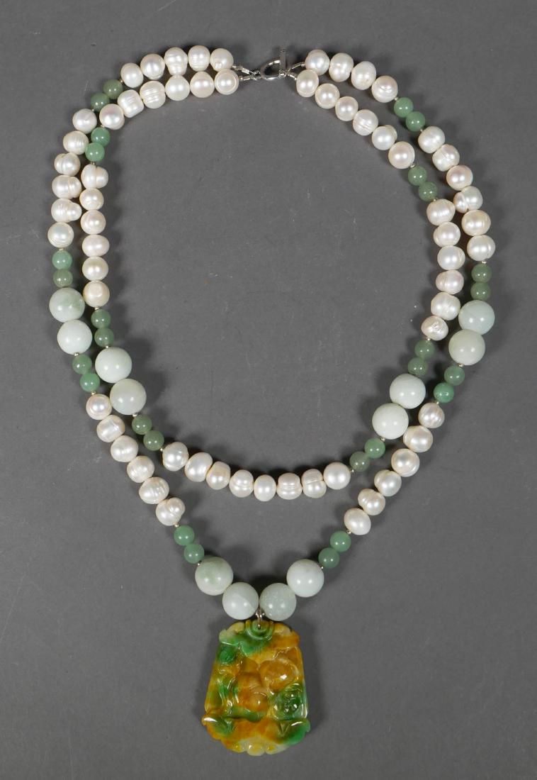 Pearl & Jade Beaded Necklace w/ Carved Pendant: Double strand bead necklace of pearl and jade, finished with jade pendant carved in koi fish design. Shortest strand measures approx. 21" long.
