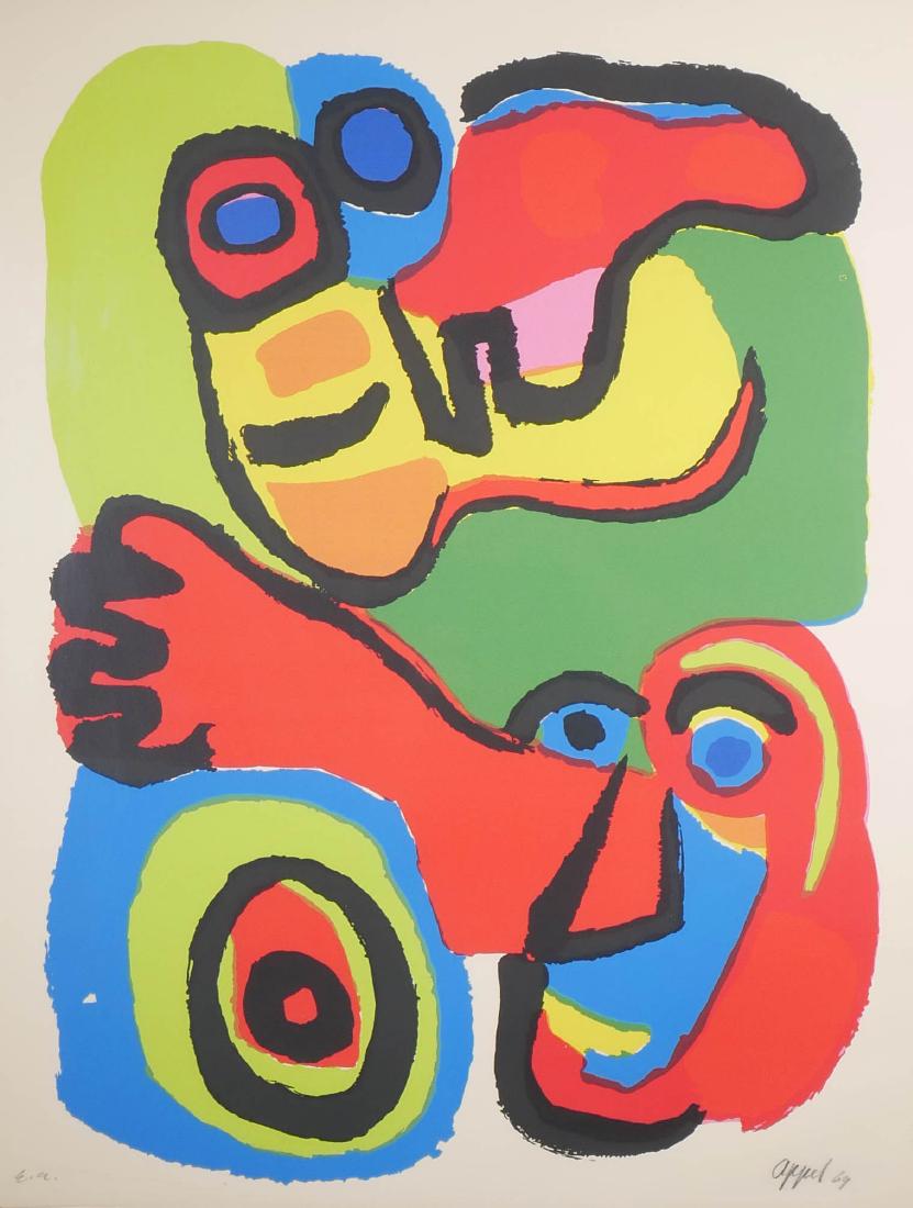 Karel Appel - Lithograph of a Face: Karel Appel (Dutch, 1921–2006). "Visage." Lithograph in colors of a face in Appel's characteristic style. Signed in pencil at lower right margin and dated "69." Marked "E.A." in lower left for artis