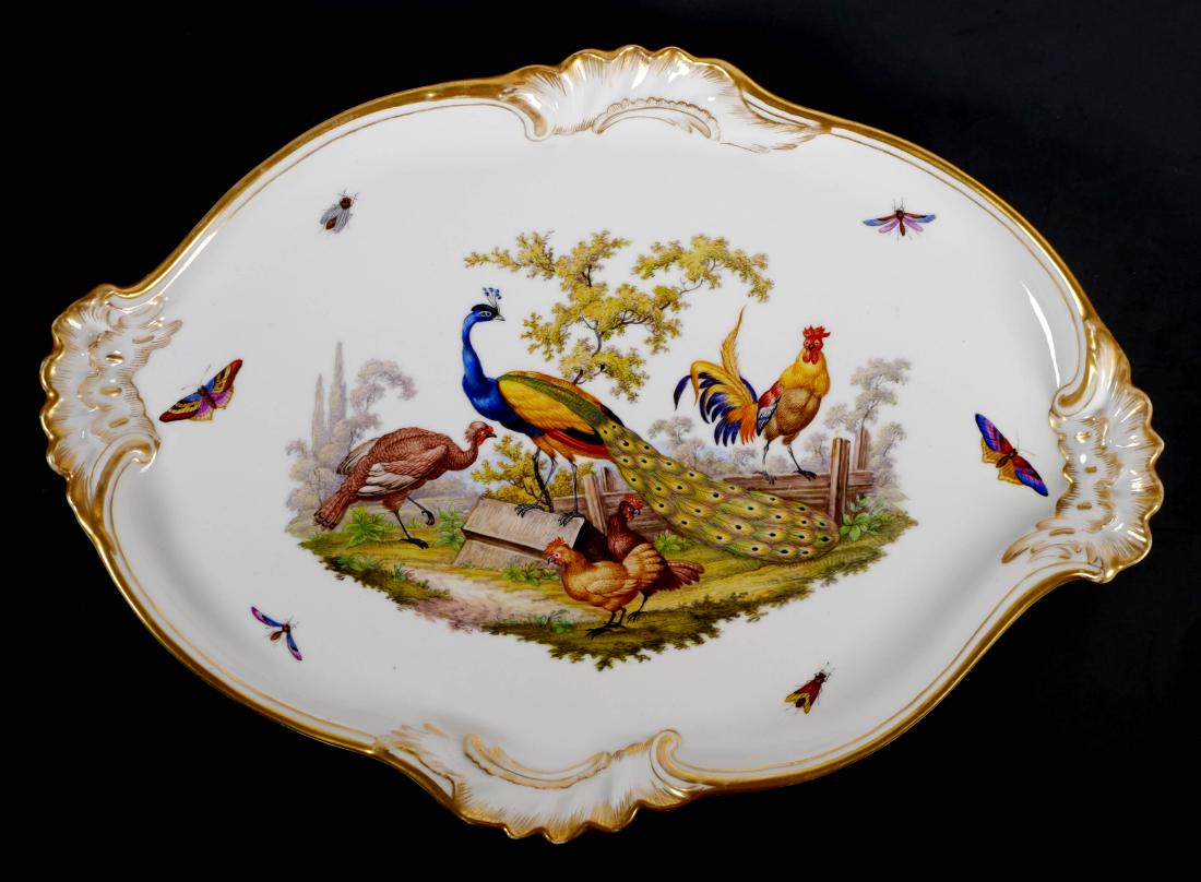 Old Meissen AR Mark Handpainted Tray: Early Meissen handpainted handled platter with faint Augustus Rex "AR" mark in lieu of crossed swords. Approximately 17-1/2" wide.