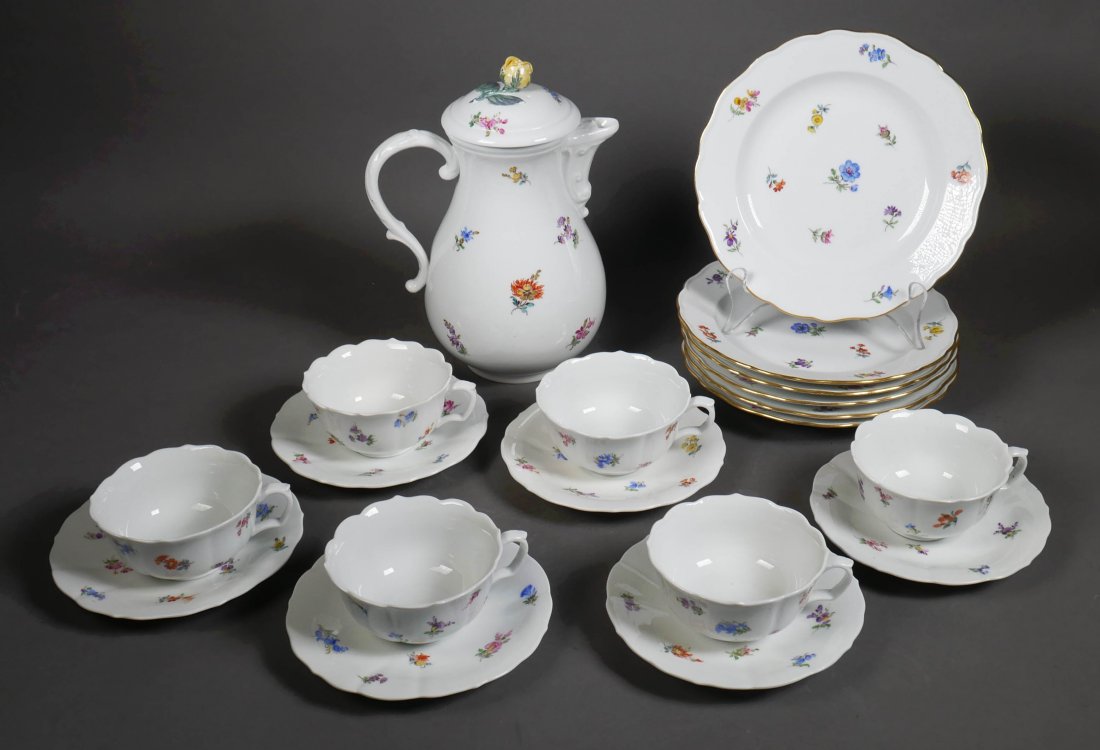 Meissen Floral Handpainted Luncheon Tea Set: First-quality Meissen crossed swords teapot, and six each of cups, saucers and dessert (or luncheon) plates. Dessert plates are 7-3/4" diameter and have gold rims. Marks are not incised.