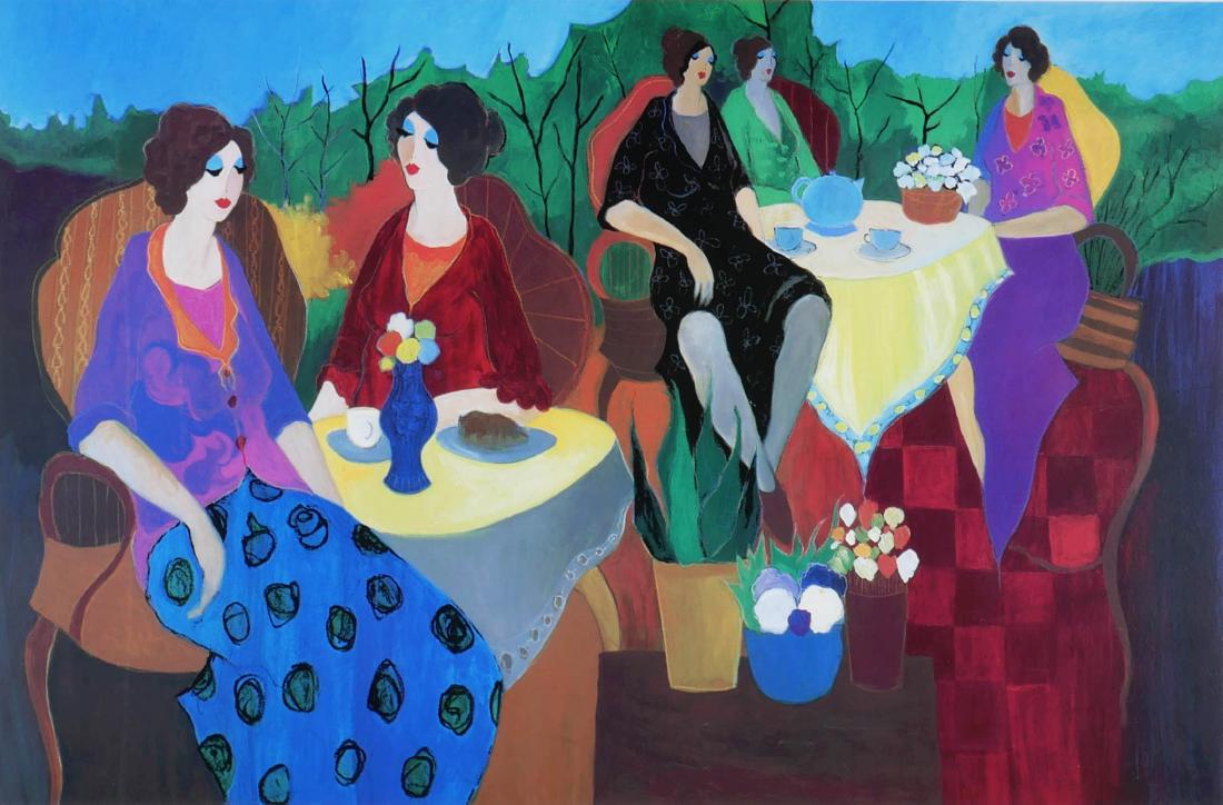 Itzchak Tarkay Seriolithograph - Morning Social: Description: Itzchak Tarkay (Israeli, 1935-2012). in colors showing women seated at tea tables. Signed in the plate at the lower right margin. View measures 25" x 17 1/4" in a 37 1/2" x 29-1/2" frame.
