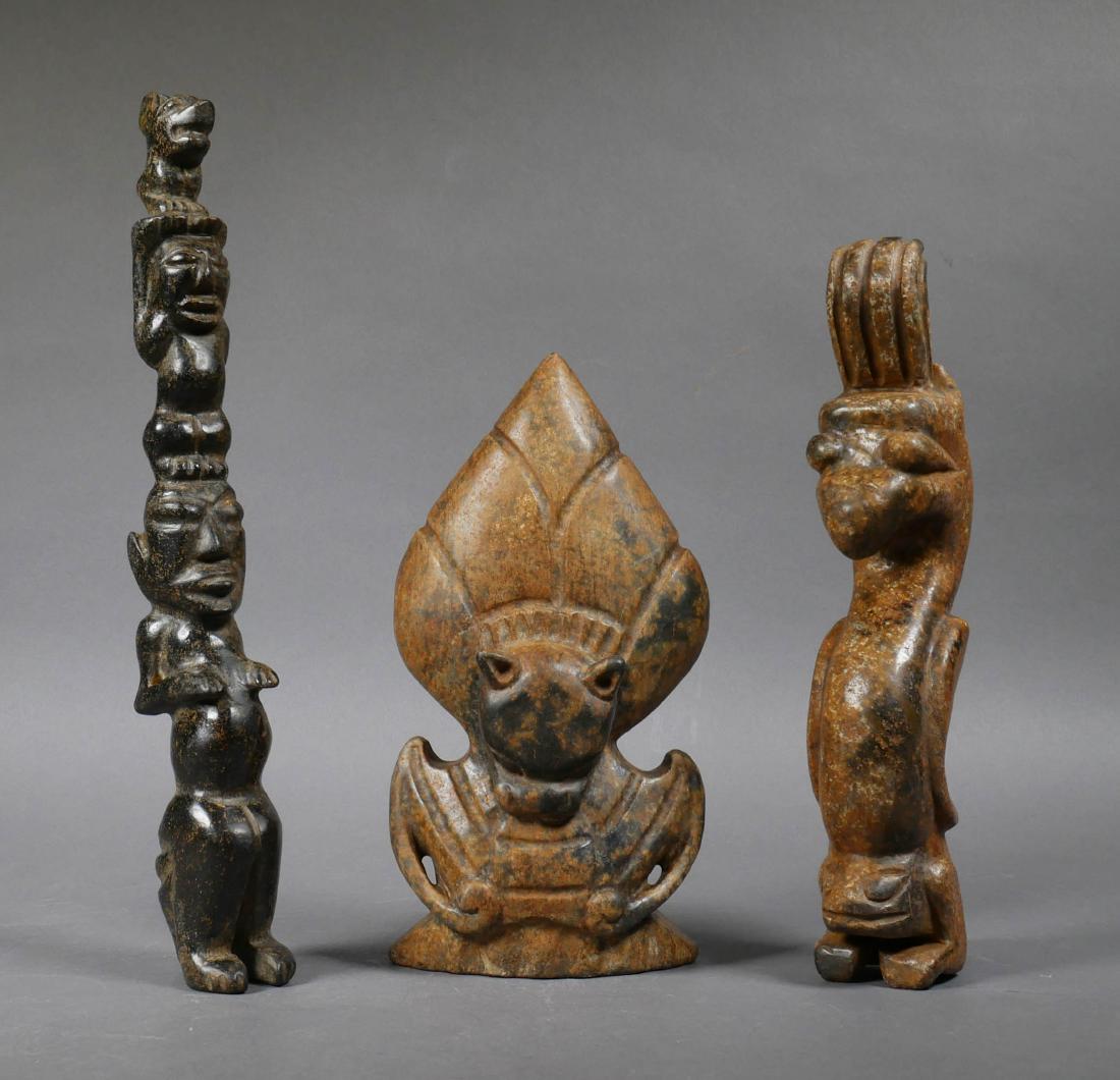 Two Chinese Archaistic Hardstone Carvings: Two Chinese archaistic hardstone carvings of a figural totem and bat. Largest measures approx. 12" high.