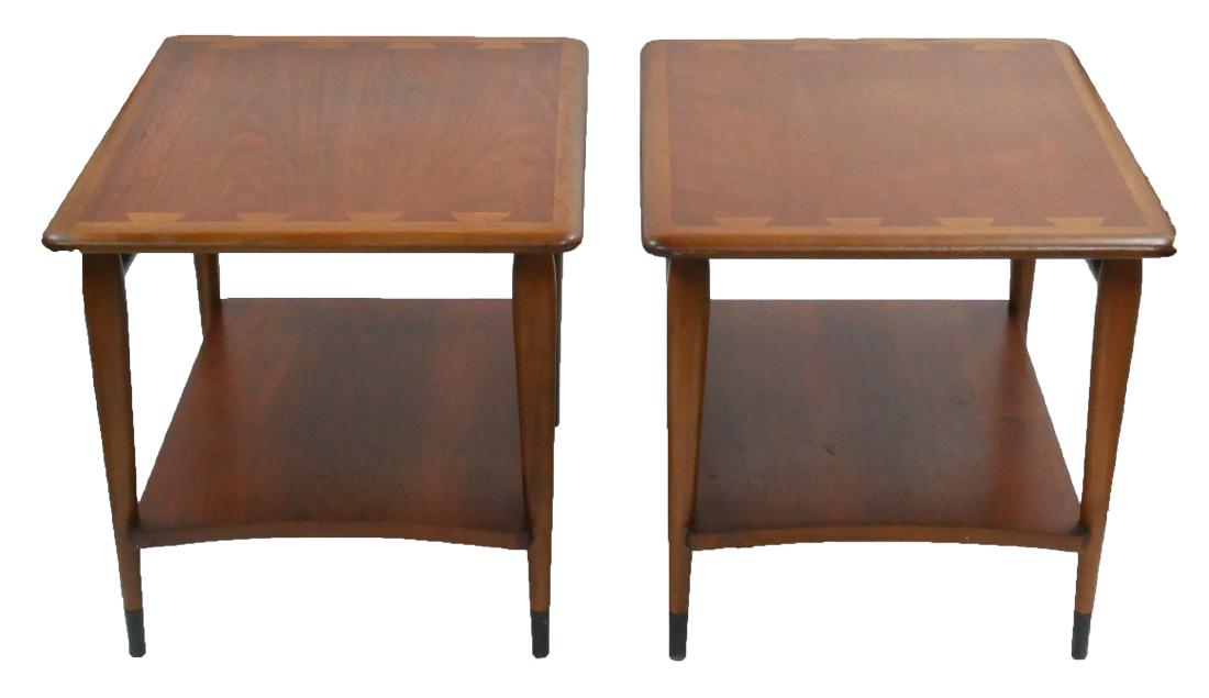 Pair Lane Acclaim Mid-Century Modern End Tables: Pair of Lane end tables from the Acclaim series, circa 1960s. Designed by Andre Bus for The Lane Company. Lane logo and model burned into underside of table. Each table measures 28" x 21" x 20".